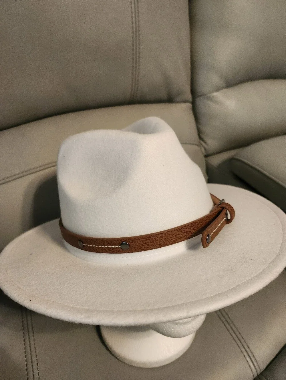 White Fedora with Brown Leather Band - Unbranded